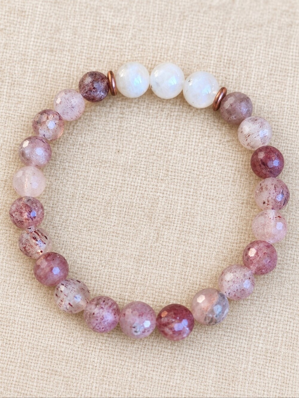 Strawberry Quartz & Moonstoone Beaded Stretch Bracelet | Handmade